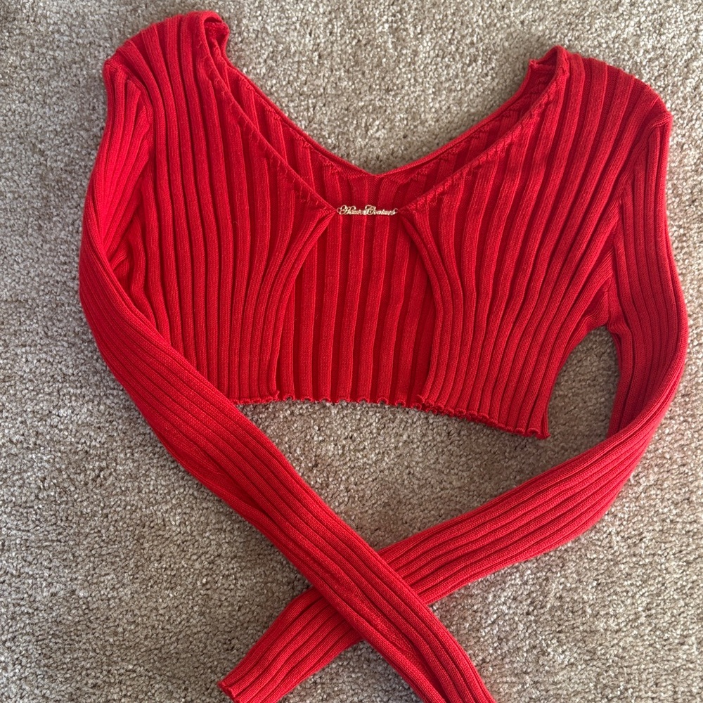 Y2K Red Ribbed Cropped Sweater - Picture 5 of 5
